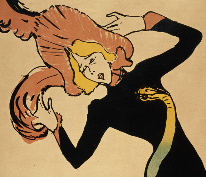 Jules Cheret. La Loie Fuller, 1893. Printer: Chaix (Ateilier Cheret), Paris. Lithograph in red, yellow, dark violet, and black ink on paper, 124 x 84 cm. Collection: The Hunterian, University of Glasgow.