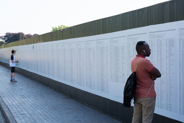 The List of 34,361 documented deaths of asylum seekers, refugees and migrants who have lost their lives within or on the borders of Europe since 1993. Documentation as of 5 May 2018 by UNITED for Intercultural Action. Facilitated by Banu Cennetoğlu. Presented at Great George Street, Liverpool Biennial 2018. Photo: Mark McNulty.