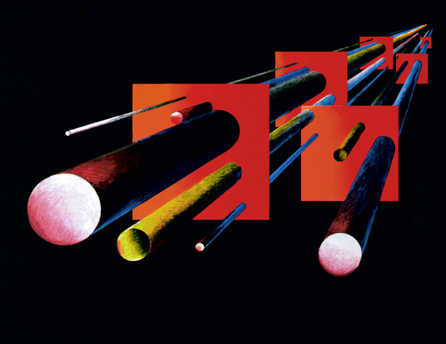 Leonid Lamm. Beat the Flat Red Squares with Cylinders (Dynamics of Perspective), 1955-56. Oil on canvas, 61 x 76.5 cm. Norton and Nancy Dodge Collection of Nonconformist Art from the Soviet Union at the Zimmerli Art Museum at Rutgers University.