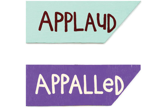 Cary Leibowitz. Applaud Appalled, 1990-91. Two panels, latex paint on wood, 10 x 27.5 and 8.75 x 25 in. Courtesy of the artist, INVISIBLE-EXPORTS, and the Institute of Contemporary Art at the University of Pennsylvania.