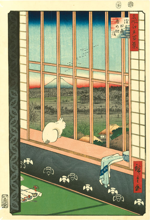 Utagawa Hiroshige (1797–1858), Asakusa Ricefields and Torinomachi Festival from the series One Hundred Famous Views of Edo, 1857. Colour woodblock print; 22 ½ x 16 in. Courtesy Hiraki Ukiyo-e Foundation.