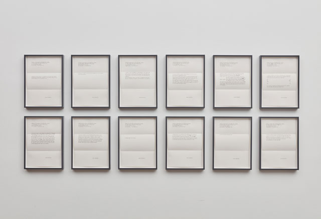 Peter Liversidge. Proposals for the Sean Kelly Gallery, 2016. A unique set of twelve framed typewritten proposals, paper: 11 3/4 x 8 1/4 in (29.8 x 21 cm) each; overall: 26 1/2 x 67 in (67.3 x 170.2 cm). © Peter Liversidge. Photograph: Jason Wyche, New York. Courtesy: Sean Kelly, New York.