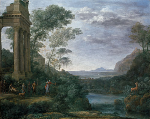 Claude Lorrain. Ascanius Shooting the Stag of Sylvia, 1682. Oil on canvas, 120 x 150 cm.
Inscribed: CLAVDIO. I. V. F. A ROMAE 1682 Come. Ascanio. saetta il. Cervo di Silvia figliuola di Tirro lib. 7. Vig.
and CLAVDIO ROM.
© Ashmolean Museum, University of Oxford.