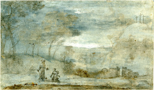 Claude Lorrain. Landscape with Christ appearing to St Mary Magdalene, 1681. Black chalk with pen, brown ink and brown wash on white paper, heightened with white body colour, 19.1 x 25.2 cm. British Museum.
