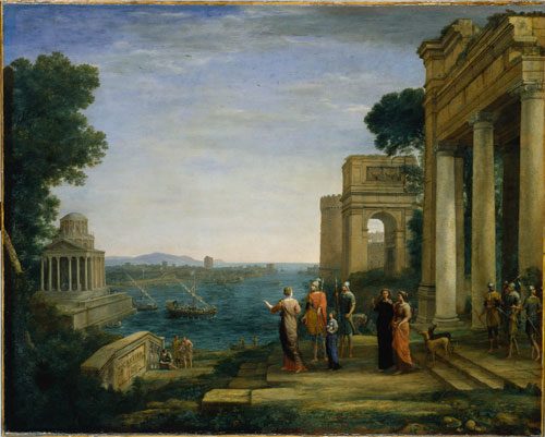 Claude Lorrain. Dido and Aeneas at Carthage, 1676. Oil on canvas, 120 x 149.2 cm.
Signed on a stone
at bottom centre: AENEAS ET DIDO CLAVDIO
I.V.F. [