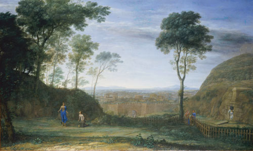 Claude Lorrain. Landscape with Christ appearing to Mary Magdelene (Noli me tangere), 1681. Oil on canvas, 84.5 x 141 cm. 

        Signed bottom left:  CLAVDIO
I.V.F. ROMAE 168[1] (the last digit is indistinct).

© Kunsthalle, Hamburg.