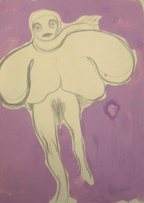 Lucy Stein. Failing female suicide bomber on ecstasy, 2009. Pencil and paint on paper, 12.6 x 9.4 inches (32 x 23.9 cm). Courtesy the artist and Gimpel Fils.