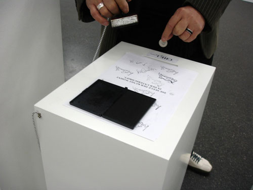 Luis Camnitzer. Self-service, 1996/2010. Photocopies, rubber stamp, ink pad and seven wooden bases, dimensions variable. Daros Latinamerica Collection, Zurich.
