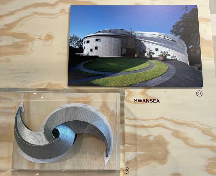 Detail of Maggie's Swansea by Kisho Kurokawa Architects, with Garbers & James. Installation view, Maggie’s: Architecture That Cares, V&A Dundee. Photo: Veronica Simpson.