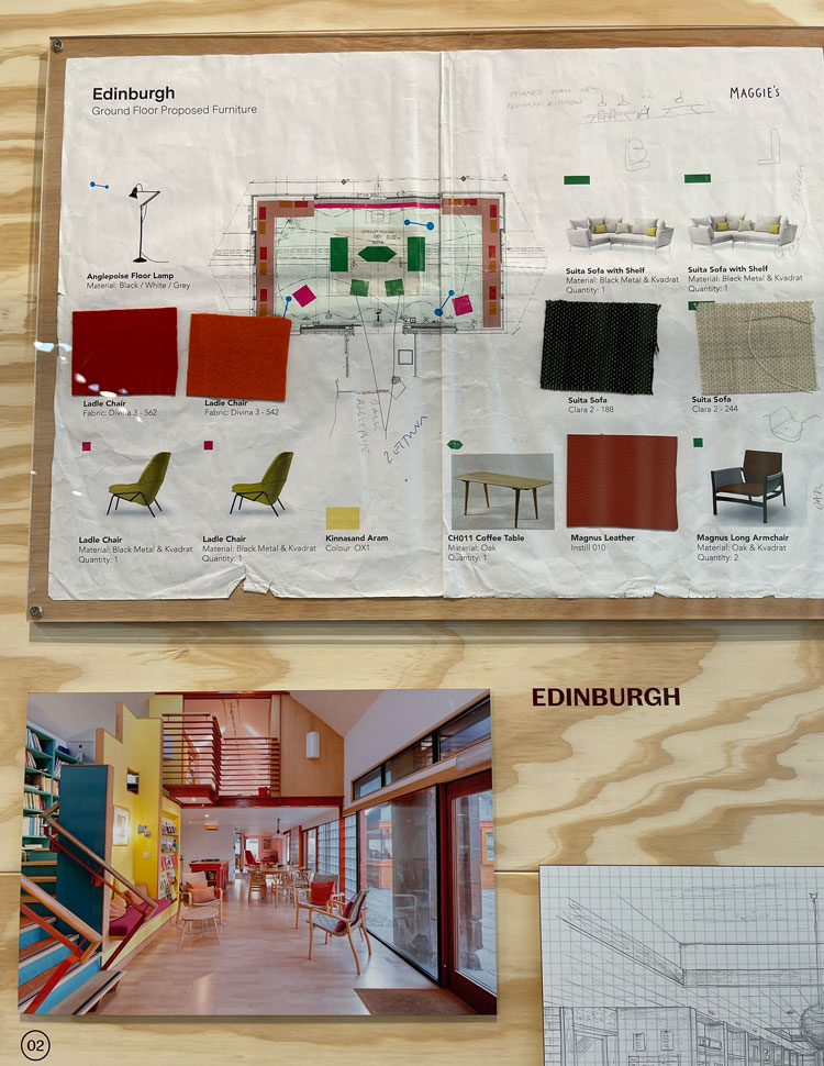 Richard Murphy's original Maggie's Edinburgh with swatch showing how important to its homely atmosphere the materials and colour scheme are. Installation view, Maggie’s: Architecture That Cares, V&A Dundee. Photo: Veronica Simpson.
