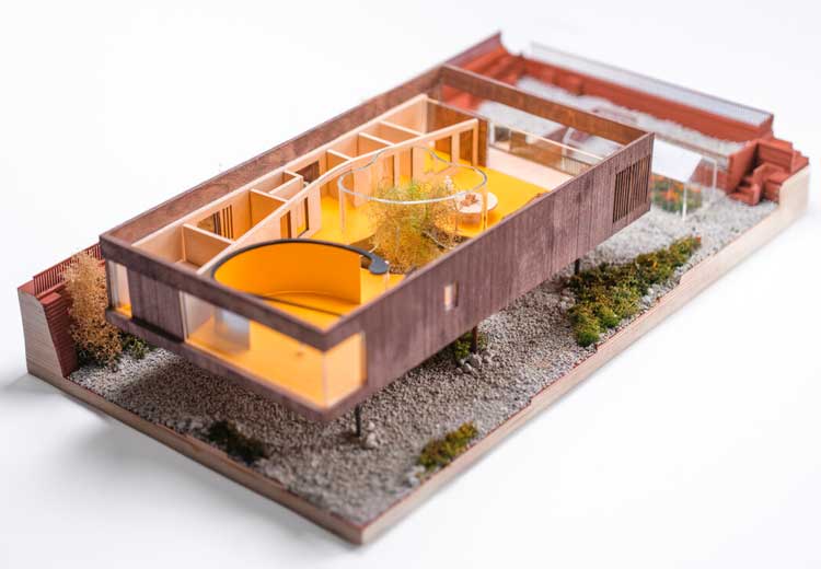Model of Maggie's Oldham designed by Alex de Rijke of dRMM. Installation view, Maggie’s: Architecture That Cares, V&A Dundee.