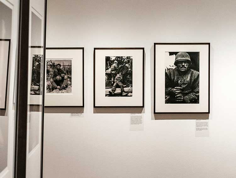 Right: Shell-shocked US Marine, The Battle of Hue. Installation view, Don McCullin: Broken Beauty, Holburne Museum, 2026 © Don McCullin. Courtesy the artist and Holburne Museum. Photo: Jo Hounsome.