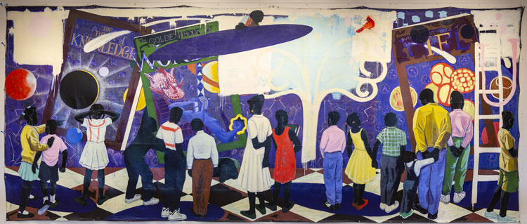 Kerry James Marshall, Knowledge and Wonder, 1995. Oil on canvas, 294.6 x 698.5 cm. City of Chicago Public Art Program and the Chicago Public Library, Legler Regional Library © Kerry James Marshall. Photo: Patrick L. Pyszka, City of Chicago.