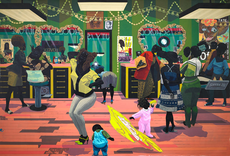 Kerry James Marshall, School of Beauty, School of Culture, 2012. Acrylic and glitter on unstretched canvas, 274.3 x 401.3 cm. Collection of the Birmingham Museum of Art, Alabama; Museum purchase with funds provided by Elizabeth (Bibby) Smith, the Collectors Circle for Contemporary Art, Jane Comer, the Sankofa Society, and general acquisition funds, 2012.57. © Kerry James Marshall. Courtesy of the artist and Jack Shainman Gallery, New York. Photo: Sean Pathasema.
