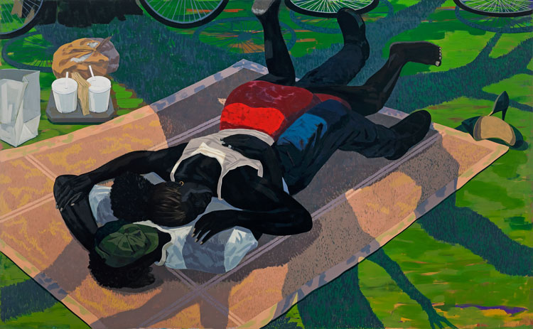 Kerry James Marshall, Untitled (Blanket Couple), 2014. Acrylic on PVC panel, in artist's frame, 150.2 x 242.5 cm. Fredriksen Family Art Collection. © Kerry James Marshall. Image courtesy of the artist and David Zwirner, London.
