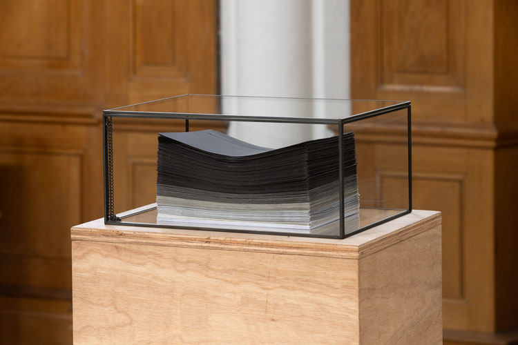 Envelopes from grief letters, Natalia Millman, Letters to Forever, 2025, installation view, St Peter's Church, St Albans, Hertfordshire, 6-28 August 2025. Photo: Rob Harris.