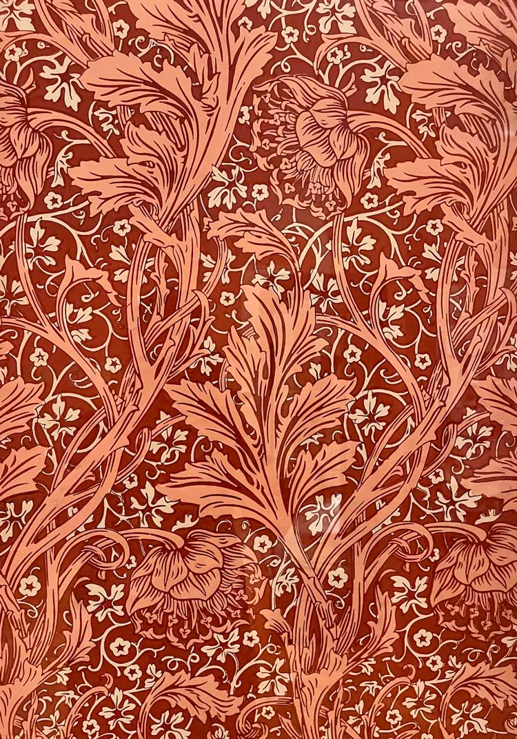 Arcadia wallpaper, c1886, designed by May Morris, colour woodblock print on paper, manufactured by Jeffrey & Co for Morris & Co. © V&A, given by Morris & Co. Photo: Anna McNay.