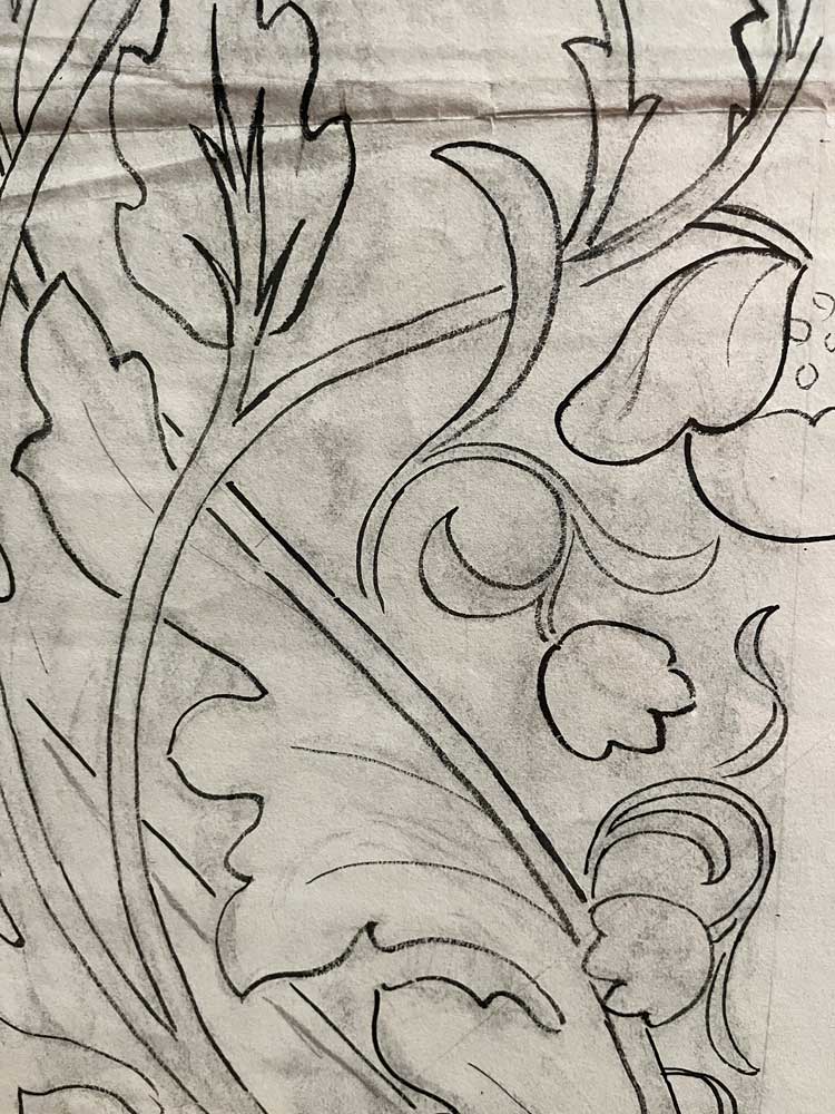 Design for January cushion (detail), drawn by May Morris, 1893, pencil and watercolour on paper © William Morris Society. Photo: Anna McNay.