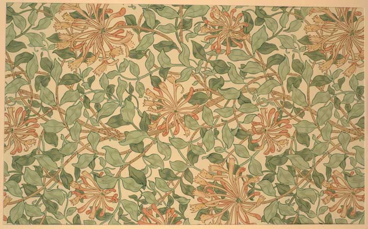 Honeysuckle, designed by May Morris, manufactured by Jeffrey & Co for Morris & Co, c1883. Blockprinted in distemper colour. © The William Morris Gallery, London Borough of Waltham Forest.