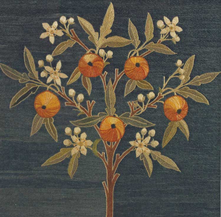Orange Tree panel, designed and embroidered by May Morris, possibly c1897. Silks on linen, 41.8 x 43.5 cm. © William Morris Society, bequeathed by Helena Stephenson, 1970.