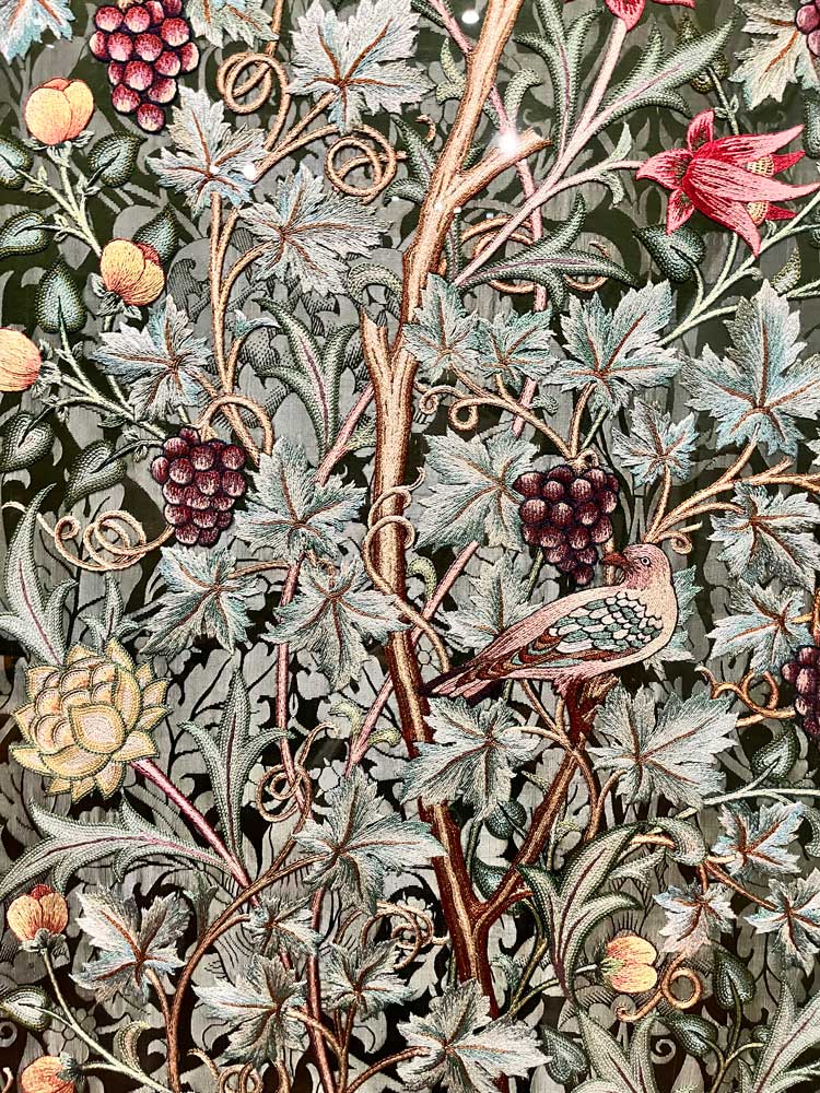 Vine screen panel embroidery (detail), c1896, designed by John Henry Dearle, embroidery overseen by May Morris, c1896. © William Morris Society. Photo: Anna McNay.