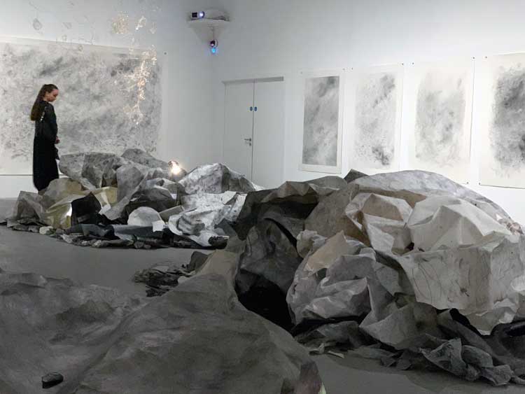 Emma McNally, The Earth is Knot Flat, 2024. Graphite, paper, kaolin, gum arabic. Installation view, Drawing Room/Tannery Arts, London. Photo: Bronac Ferran.