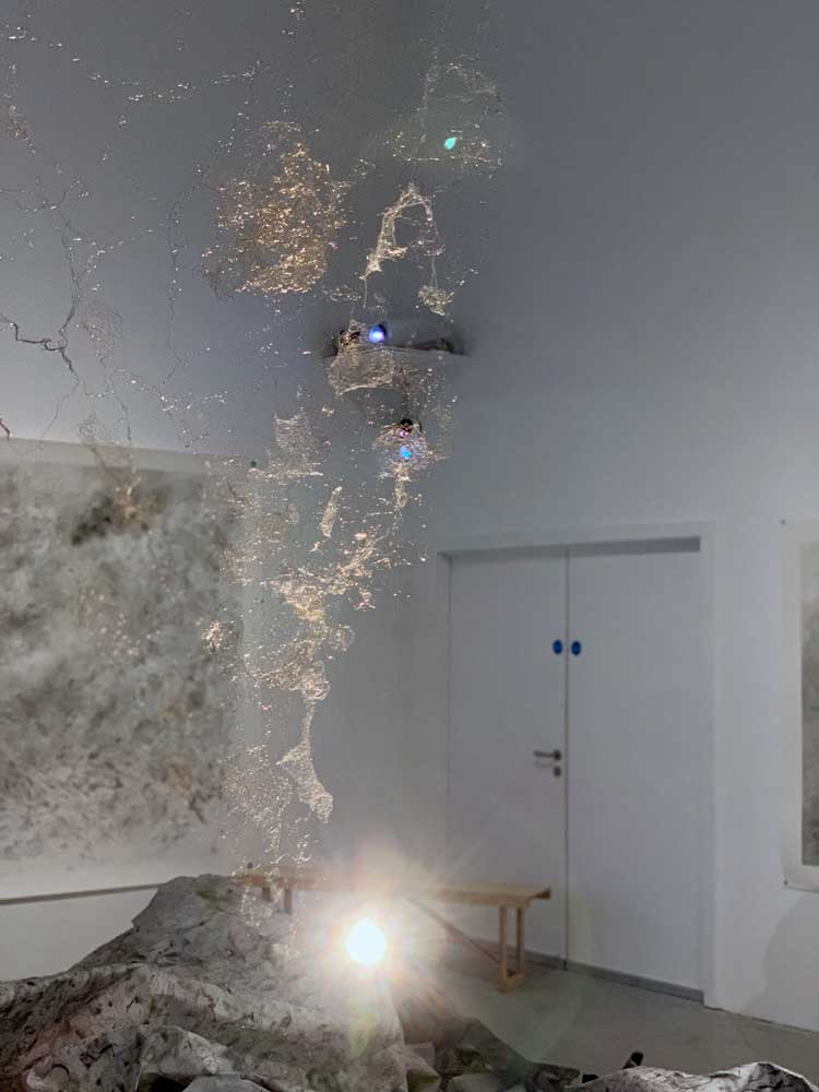 Emma McNally, The Earth is Knot Flat, 2024. Graphite, paper, kaolin, gum arabic. Installation view, Drawing Room/Tannery Arts, London. Photo: Bronac Ferran.