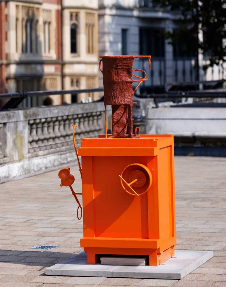 Olivia Bax, Cartouche, 2023. Installation view, Mary Mary, Artist’s Garden, Temple Place, London. Image courtesy theCOLAB The Artist's Garden. Photo © Nick Turpin.