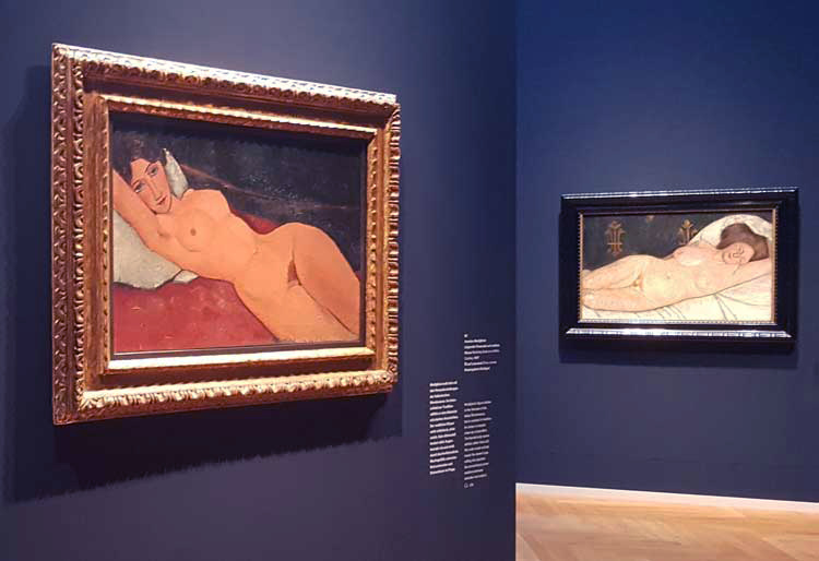 Left: Amedeo Modigliani, Reclining Nude on a White Cushion, 1917, Staatsgalerie Stuttgart; Right: Paula Modersohn-Becker, Reclining Female Nude, 1905/06, Döpfner Collection. Installation view, Modigliani: Modern Gazes, Museum Barberini, Potsdam, 27 April – 18 August 2024. Photo: Sabine Schereck.