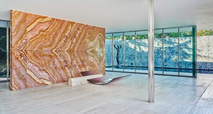 Sabine Marcelis, No Fear of Glass, 2020, installation view, Mies van der Rohe Pavilion, Barcelona. Courtesy of Studio Sabine Marcelis.