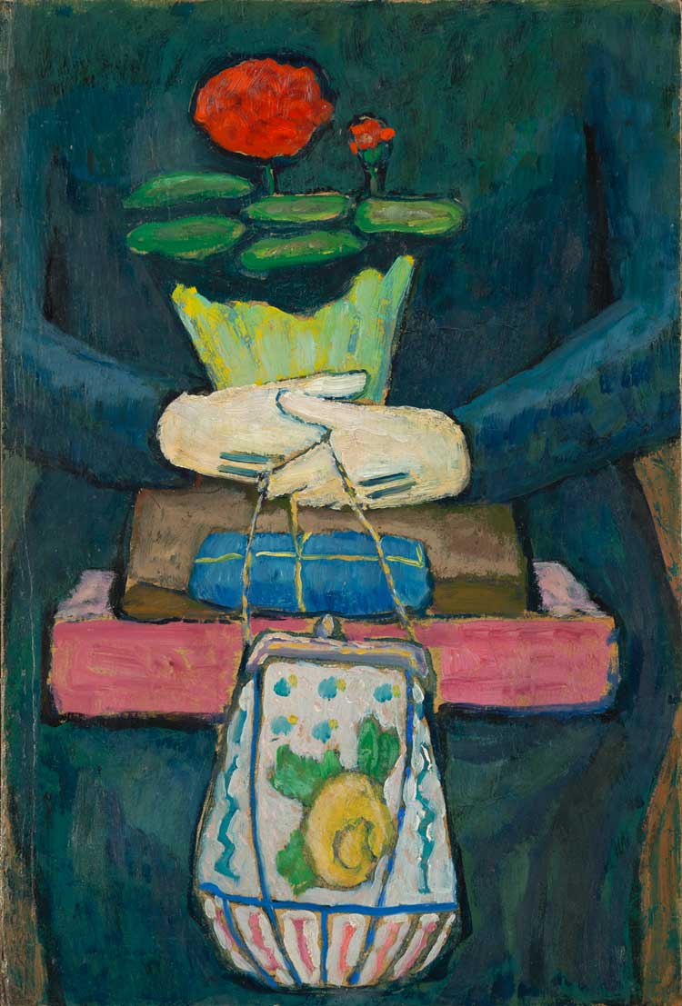 Gabriele Münter, Still-life on the Tram (After Shopping), c1912. Oil on cardboard, 50.2 x 34.3 cm. Gabriele Münter- und Johannes Eichner-Stiftung, Munich. © DACS 2022.