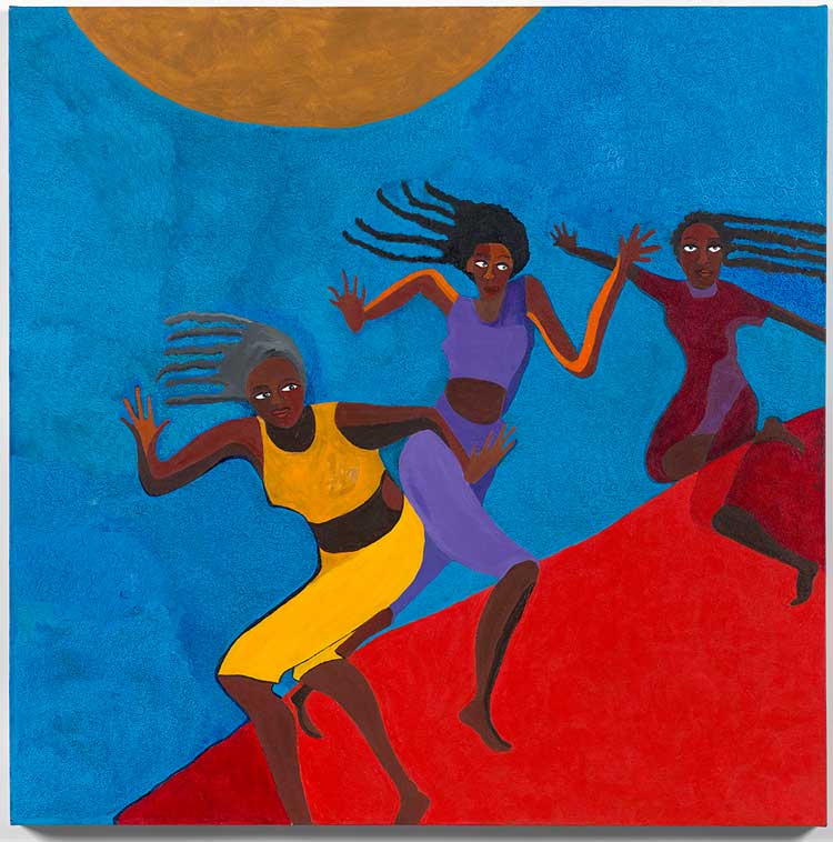 Dindga McCannon. Dancers #4, 2020. Oil on canvas, 101.6 x 101.6 cm (40 x 40 in). Courtesy the artist, Pippy Houldsworth Gallery, London, and Fridman Gallery, New York.