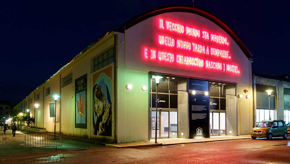 The facade of ZACentrale which features an installation by Alfredo Jaar. Photo: Jolanda Carollo, Courtesy Fondazione Merz.