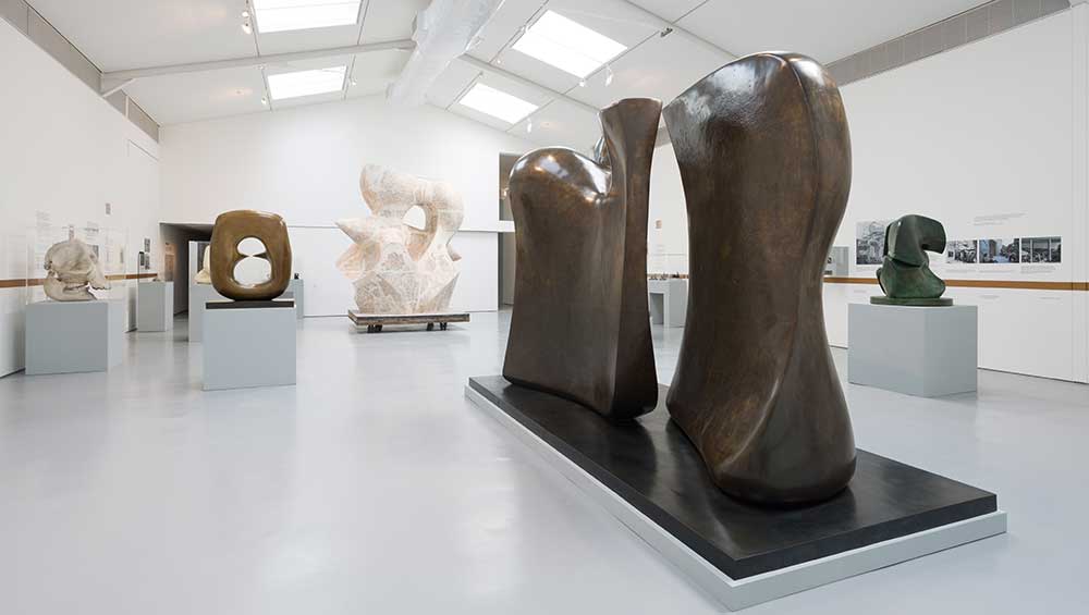Installation view of Henry Moore: The Sixties with Working Model with Oval with Points, 1968-69 (LH 595); Large Spindle Piece, 1968 (LH 593 plaster); Large Standing Figure Knife Edge, 1961 (LH 482a). Photo: Rob Harris.