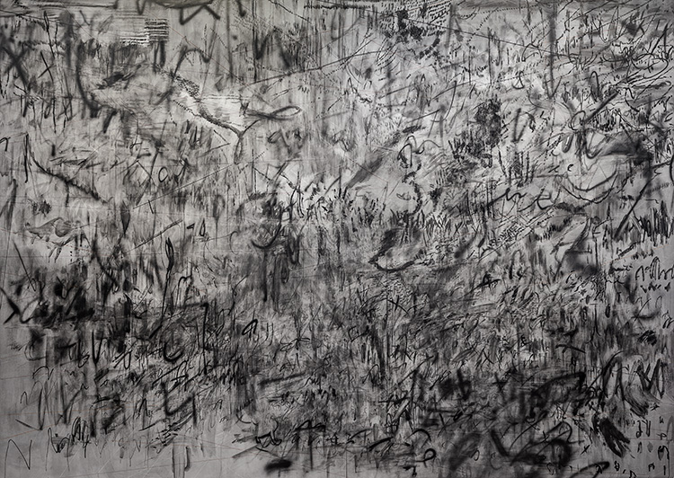 Julie Mehretu. Invisible Sun (algorithm 4, first letter form), 2014. Ink and acrylic on canvas, 119 1/2 x 167 in (304 x 424.2 cm). Collection Grafit Holdings. Photo: Carolina Merlano. © Julie Mehretu.