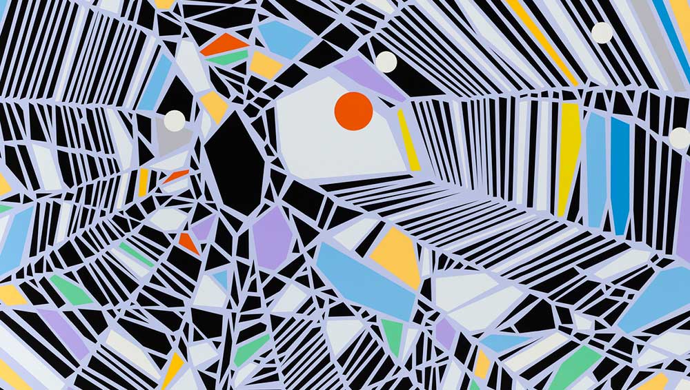 Sarah Morris. Patrol [Spiderweb], 2021. Household gloss paint on canvas, 84 1/4 x 106 11/16 in (214 x 271 cm). © Sarah Morris. Photo © White Cube (Tom Powel Imaging).