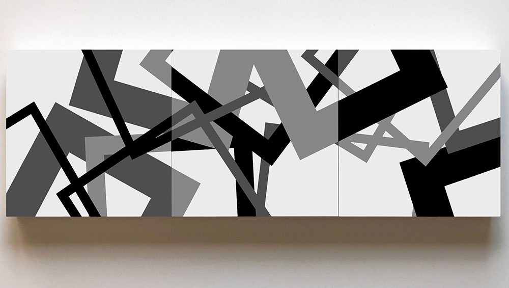 András Wolsky, Inter-Space No. 3, 2021. Wood, canvas, acrylic, three pieces each 55 x 55 cm. Photo courtesy of the Hungarian Cultural Centre, London.