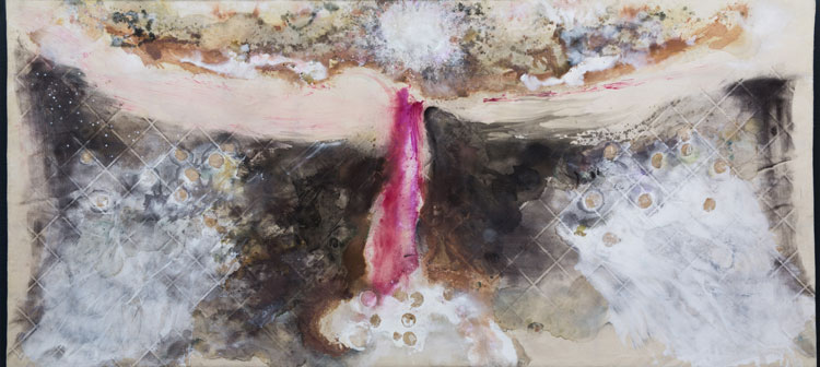 Lucy Dodd. Guernika, 2014. Spanish hematite, Miami rain water and lavender oil, cochineal, kombucha SCOBY, Rota squid ink, earth from Monasterio de Suso, Aracena, Rio Tinto, la Aldea-Bejes and Guernika, chamomile and pomegranate from Segura de Leon, lichen from Sierra de Gata, yerba maté, Rio Tinto water, mica, spirulina, mixed pigments and Tyrian purple on canvas, 11 ft 5 in x 25 ft 6 in (3.5 x 7.8 m). Courtesy Rubell Museum, Miami.