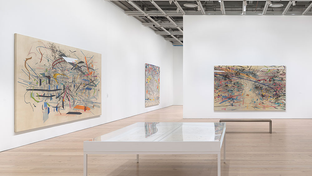 Julie Mehretu, Conjured Parts (eye), Ferguson, 2016. Ink and acrylic on canvas, 84 x 96 in (213.4 x 243.8 cm). The Broad Art Foundation, Los Angeles. © Julie Mehretu.