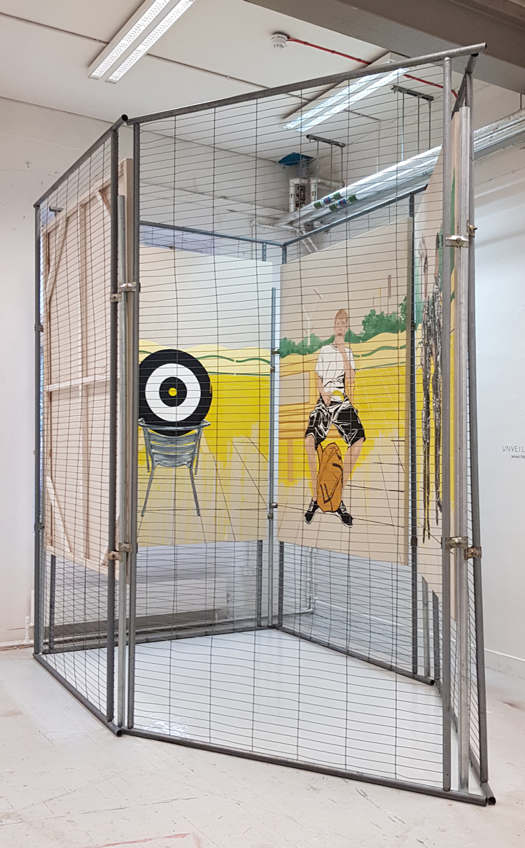 Kate Mieczkowska, Unveiling the Caught. Installation with paintings and security fences. MA degree show 2018. © the artist.