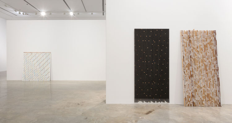 Hilarie Mais. Left: Feather, 2017. Oil on wood, 190 x 183 x 4cm. Collection Museum Contemporary Art, Sydney. Centre: reflection/reach. Oil on wood, 240 x 122 x 4 cm. Collection University Queensland Art Museum. Right: reflection/feather, 2016. Oil on wood, 240 x 122 x 4 cm. Collection Tarrawarra Museum of Art, Victoria. Installation view, Hilarie Mais, MCA, Sydney. Photo: Jessica Maurer.