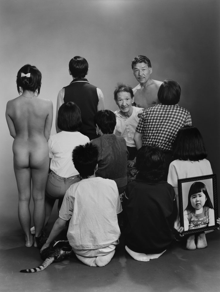 Masahisa Fukase. Upper row, from left to right: A, a model;
Toshiteru, Sukezo, Masahisa. Middle row, from left to right: Akiko, Mitsue, Hisashi Daikoji. Bottom row, from left to right: Gaku, Kyoko, Kanako, and a memorial portrait of Miyako, 1985, from the series Family, 1971-90. © Masahisa Fukase Archives.