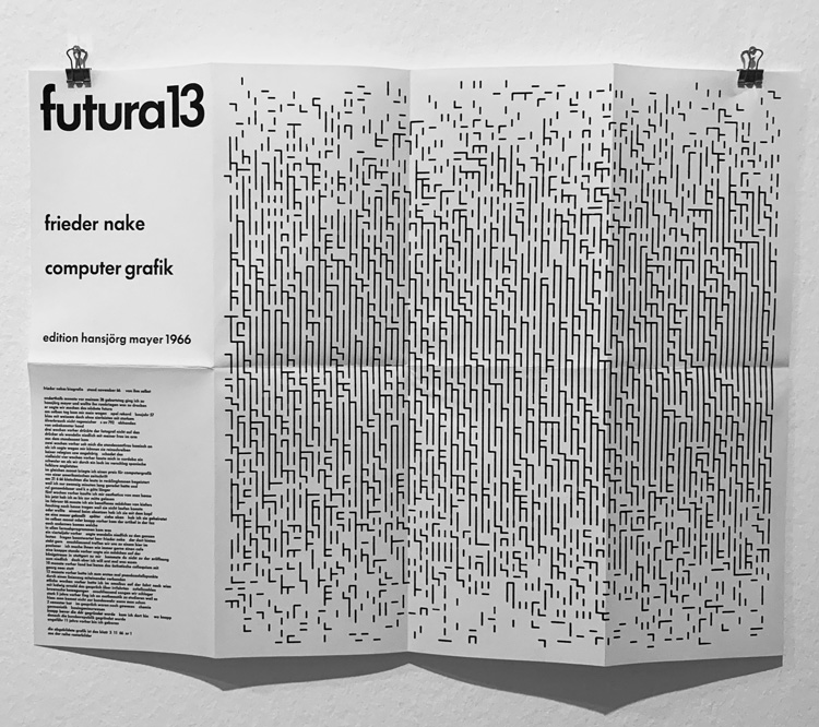 Frieder Nake, computer grafik, 1966. Installation view, Hansjörg Mayer: Typoems and Artists’ Books, Kunstbibliothek, Berlin, 25 October 2019 – 12 January 2020. Photo: Martin Kennedy.