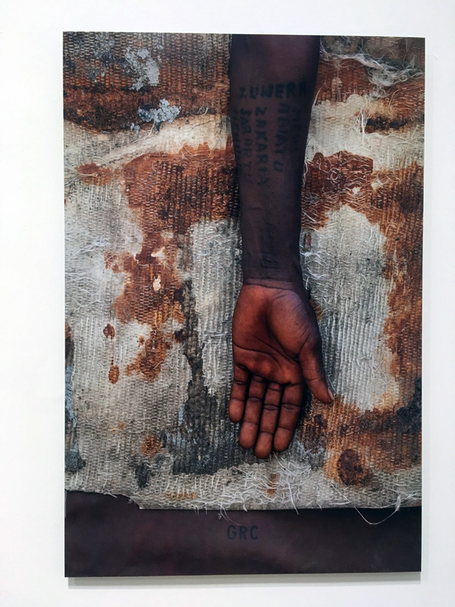 Ibrahim Mahama. Zakaria GRC, 2019. C-prints on dibond. Installation view, Whitworth Art Gallery, Manchester, 2019. Photo: Veronica Simpson.