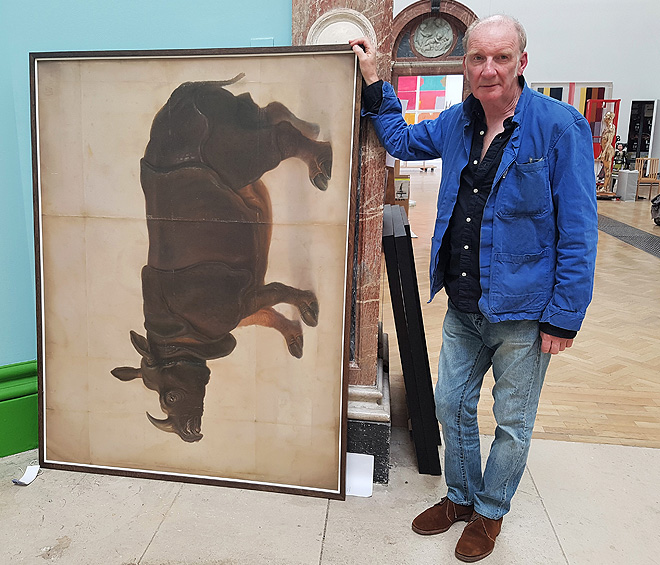 Jock McFadyen at The Royal Academy of Arts Summer Exhibition 2019 hang. Photo: Juliet Rix.