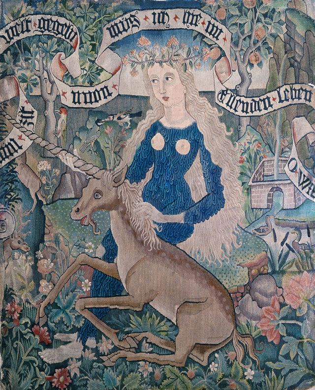 Wild woman with unicorn, circa 1500-1510. Wool tapestry with silk and gold threads. © Historisches Museum Basel, M. Babey.