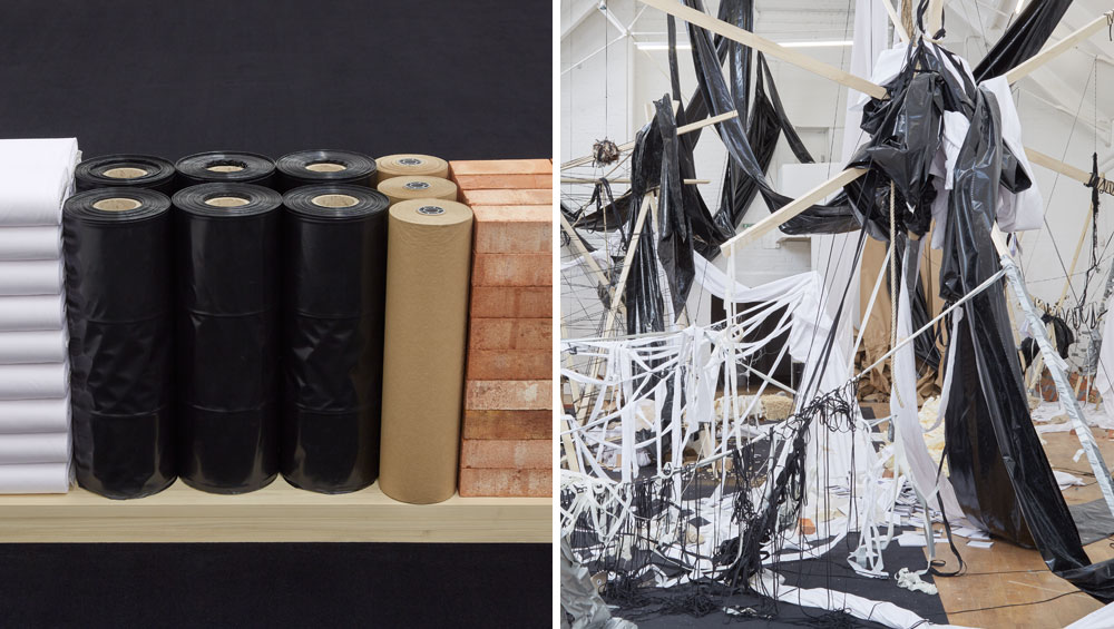 The Family in Disorder / A Família em Desordem, 2018. Shoelaces, matchboxes, smoke grenades, cotton bolts, black plastic sheeting, brown paper, bricks, masking tape, hook and loop fastener tape, chalk, stones, metal barrels, topsoil, gaffer tape, hemp rope, notebooks, chicken feathers, poplar wood batten, carpet. Cinthia Marcelle with the participation of Aline Tima, Aaron Head, Chris Jackson, Kamila Janska, Andy Owen and Sebastian Thomas. Courtesy the artist, Galeria Vermelho, Silvia Cintra + Box4 and Sprovieri Gallery.