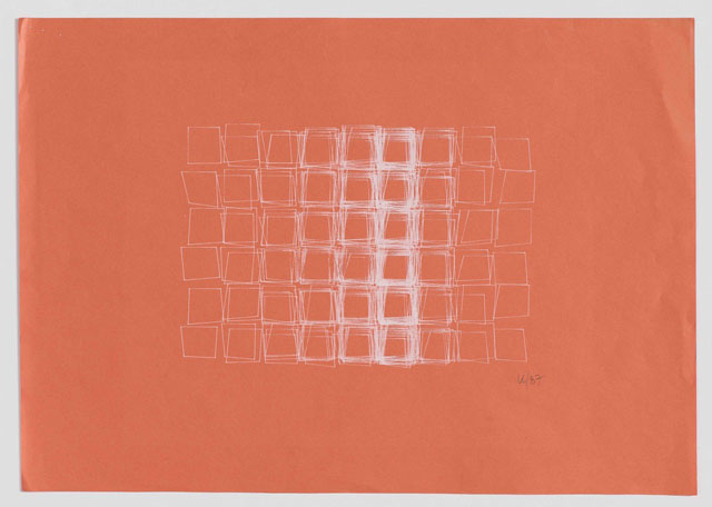 Vera Molnár. Structure de Quadrilatères (Square Structures), 1987. Computer drawing with white ink on salmon-coloured paper, 11 3/4 x 16 1/2 in. Courtesy Senior & Shopmaker Gallery, New York.