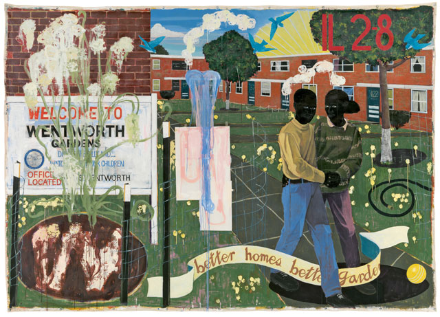 Kerry James Marshall. Better Homes, Better Gardens, 1994. Acrylic and collage on canvas, 100 × 142 in (254 × 360.7 cm). Denver Art Museum.