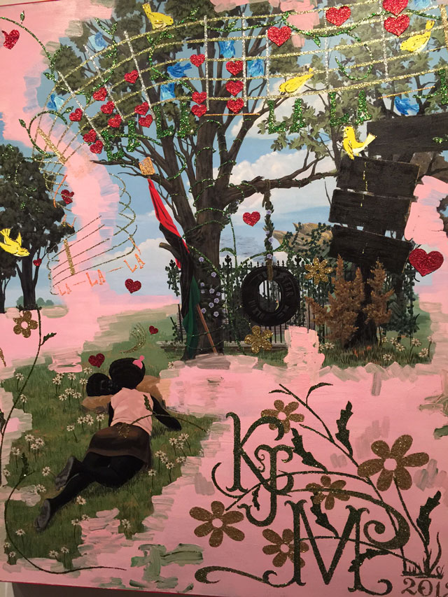 Kerry James Marshall. Untitled (Vignette), 2012. Acrylic and glitter on PVC panel, 72 × 60 in (182.9 × 152.4 cm). Collection of Martin Nesbitt and Dr. Anita Blanchard.